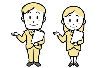 書類を持って案内する、スーツを着た若い男女