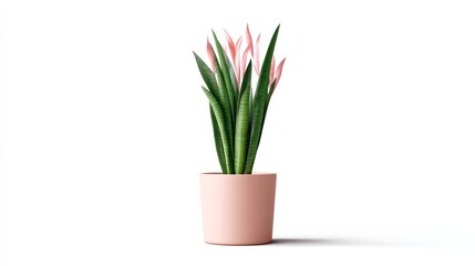 Fototapeta premium Pink plant in a pink pot. The plant is tall and has green leaves. The pot is pink and sits on a white background