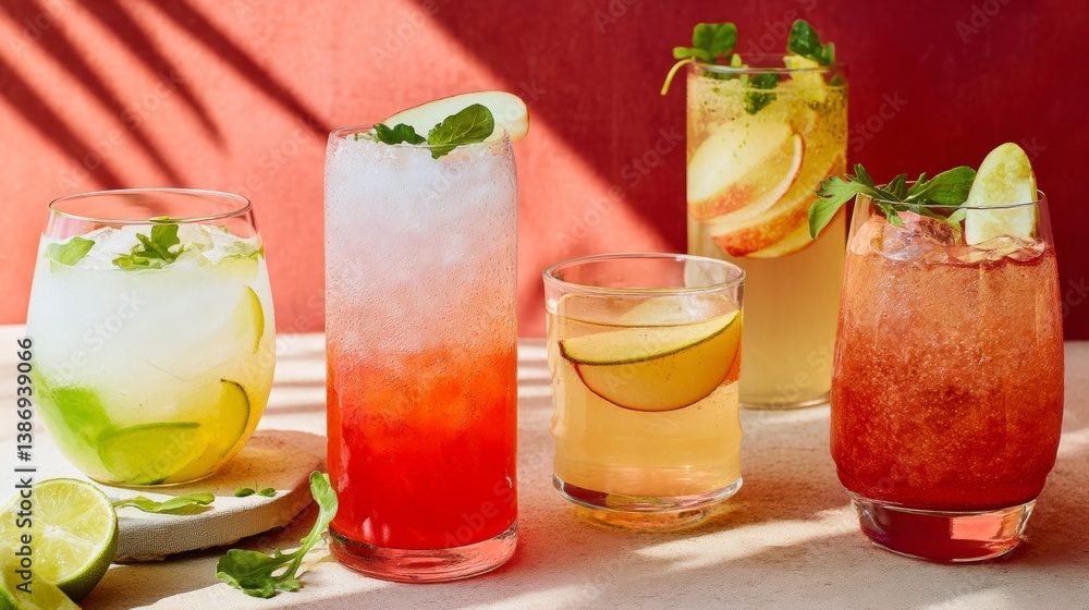 Poster row of drinks with a lime garnish on top. the drinks are in different colors and sizes