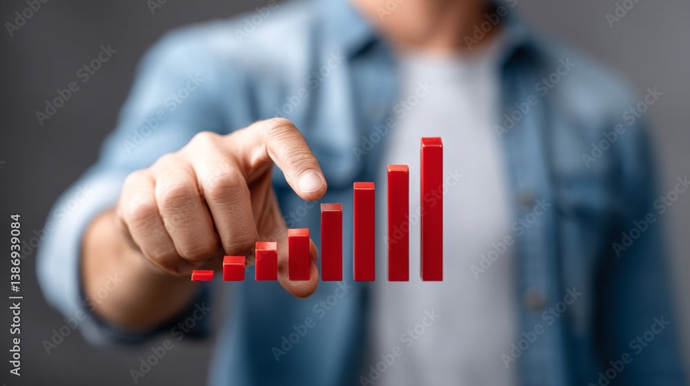 Poster man is holding up a red bar graph with a hand. the bars are stacked on top of each other, with the t