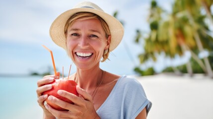 Woman is smiling and holding a coconut on a beach. She is wearing a straw hat and a blue shirt