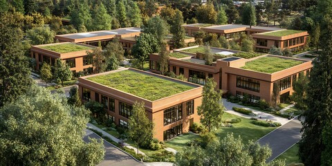 Fototapeta premium Aerial View of Modern Campus with Green Roofs