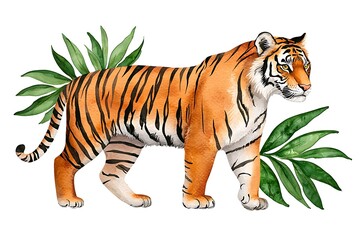 Obraz premium Realistic Watercolor Tiger Illustration with Tropical Leaves Design