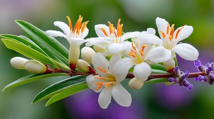 Fototapeta premium Group of white flowers with orange tips are on a green leaf. The flowers are drooping and appear to be wet