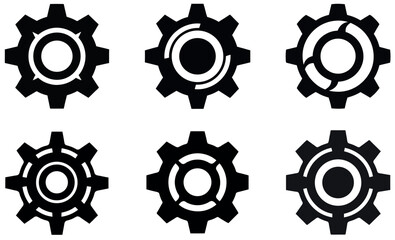 A collection of six simple, black gear icons on a clean white background.