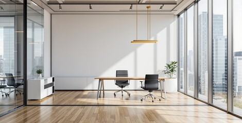 Plakat Executive office interior with wooden floor, glass walls, modern furniture, and city view in daylight, showcasing creative design and minimalism. Ai generative