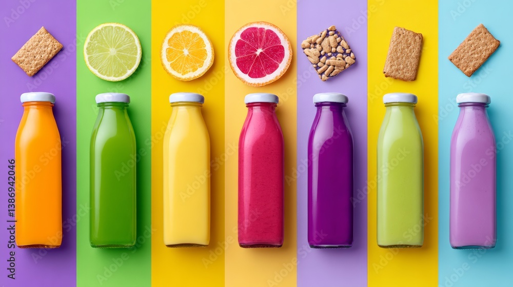 Poster colorful display of juice bottles and a box of crackers. the bottles are lined up in a row, each wit
