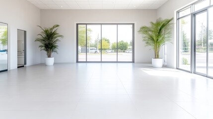 Fototapeta premium A bright, minimalist room features large windows and two potted palm trees. The space is composed of a smooth, white floor and neutral walls. High-resolution photography uses natural light, creating