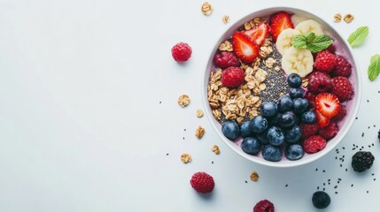 A fresh smoothie bowl with berries, granola, and chia seeds. Featuring health and energy