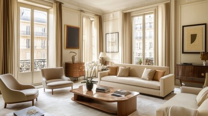 Fototapeta premium Sophisticated Paris Apartment Interior with Elegant Furnishings and Light
