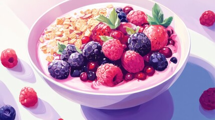 A fresh smoothie bowl with granola, berries, and chia seeds. Featuring freshness and energy