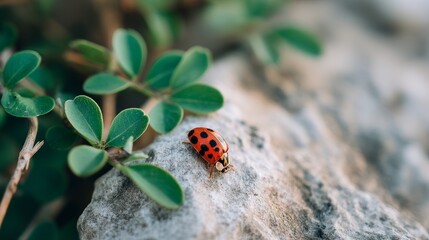 Ladybug is sitting on a rock. The rock is grey and the ladybug is red and black