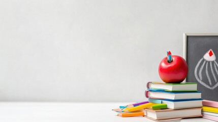 A red apple sits atop a stack of books. Colored pencils and a small chalkboard are nearby. The image is well-lit, high-resolution, and features a clean, minimalist style. Warm and inviting colors c