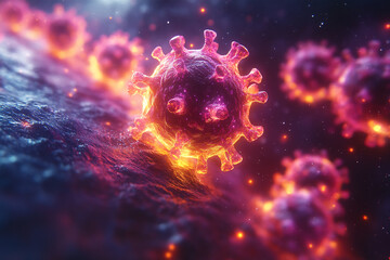 Neon Pathogens – Abstract Microscopic View of Glowing Viral Structures in a Futuristic Palette