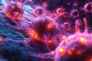 Neon Pathogens – Abstract Microscopic View of Glowing Viral Structures in a Futuristic Palette
