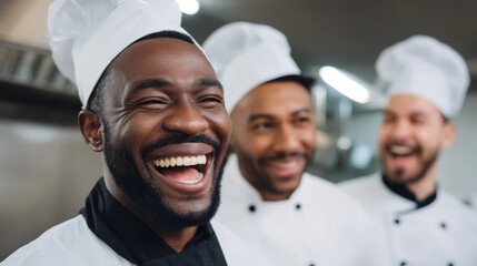 Three chefs are smiling and laughing together. They are all wearing white hats and black aprons. Scene is happy and lighthearted