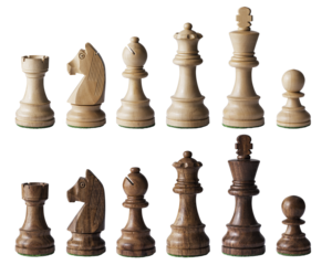 Wooden chess pieces ready for the game isolated on white background