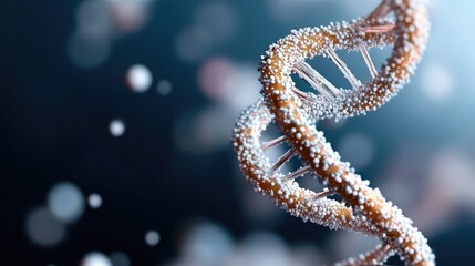 A detailed 3D rendering shows a DNA double helix, its strands adorned with small, bright particles. The background is a blurred, dark blue, suggesting depth. The image boasts high resolution and sha
