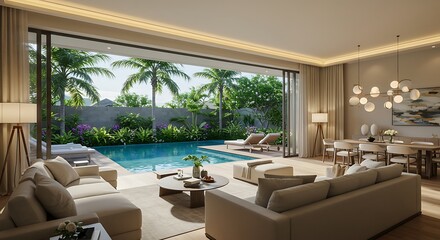 Fototapeta premium Luxury Villa Living Room: 3D Render of Tropical Poolside Interior Design AI Generated
