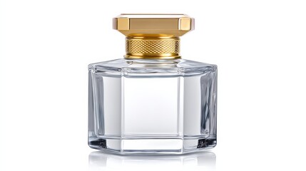 Bottle of perfume with a gold top. The bottle is clear and has a gold top. The bottle is sitting on a white background