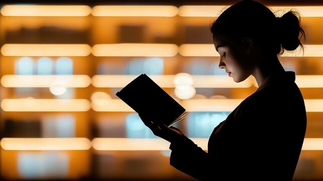 Silhouette of Woman Reading a Book at Night in a Warmly Lit Library