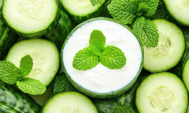 Cooling cucumber yogurt face mask recipe, mint garnish, overhead shot,  beauty product