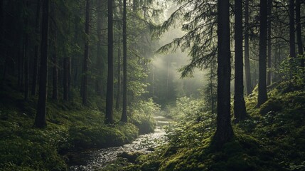 Fototapeta premium Enchanting forest landscape featuring a gentle stream through vibrant greenery
