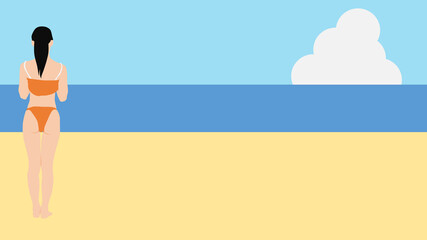 浜辺で夏休みを満喫する女性のイラスト(海水浴)