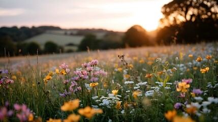 Obraz premium A dreamy English countryside landscape during golden hour, Generative AI