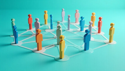 Obraz premium 3D People Network on Teal Background – Colorful Human Icons Representing Digital Connections and Collaboration