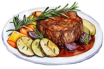 Delicious gourmet steak dish with vegetables and herbs on plate