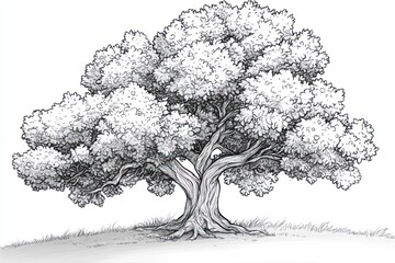 Majestic oak tree, hillside, peaceful scene, nature illustration