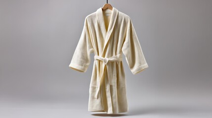 White robe is hanging on a hanger. The robe is long and has a white color