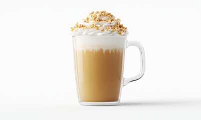 Creamy coffee drink in glass mug, white background; cafe menu image