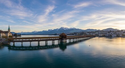 Fototapeta premium Serene Sunrise: Lake & Chapel Bridge Reflection AI Generated