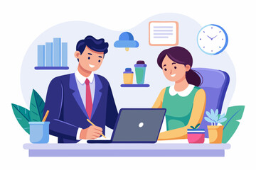 office a Mean and a Lady's are business partners notes desk white background  isolated vector