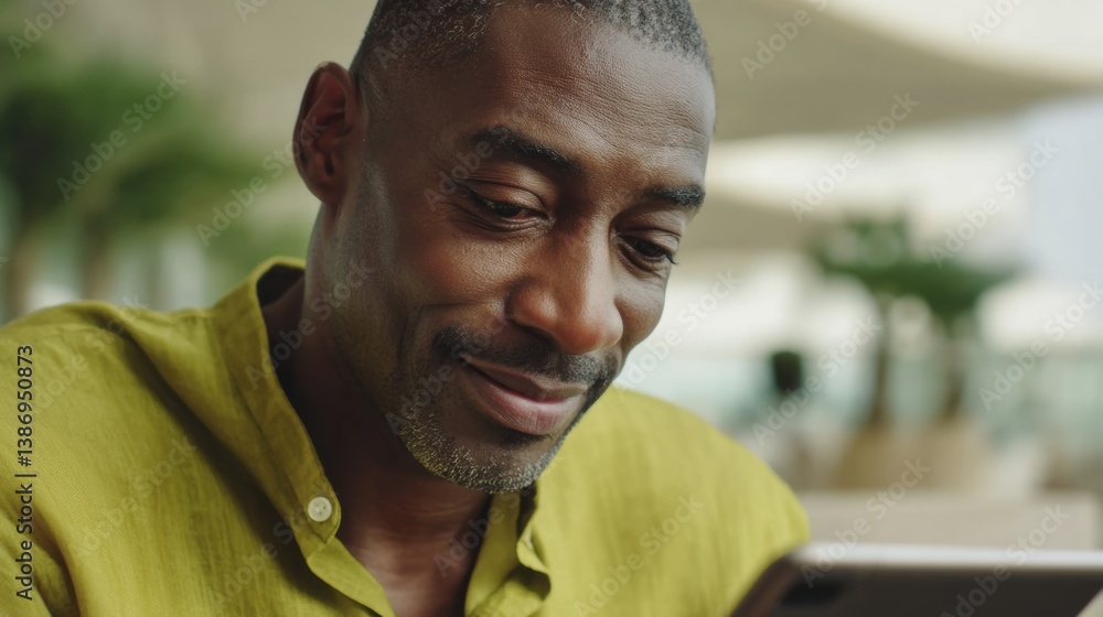 Poster man is smiling at a camera while looking at a cell phone. scene is happy and relaxed