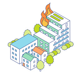 Vector illustration of a fire with an apartment burning. Fire in apartment complex.