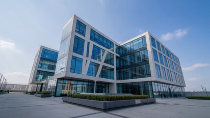 Obraz premium Modern glass and steel office building, symmetrical design, bathed in midday light, showcasing sleek architecture and urban professionalism.