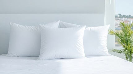 Three White Pillows on Bed Minimalist Style Bright Natural Light Close-up Flat Layout Soft Cotton Texture Restful Sleep Concept Bright Window Background Pure White Tones Ideal for Bedding Ads