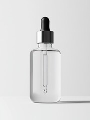 Elegant clear serum bottle with a dropper on a minimalistic background