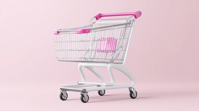 Pink shopping cart with a pink handle. The cart is empty. The pink color of the cart is very bright and stands out against the white background - Powered by Adobe