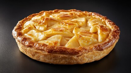 A freshly baked apple pie with a golden, flaky crust and apple filling. Featuring homemade warmth and comfort