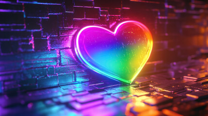 Obraz premium Glowing rainbow heart on futuristic, reflective metallic wall creates vibrant and modern aesthetic