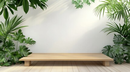 Empty wooden platform surrounded by tropical foliage, for product display