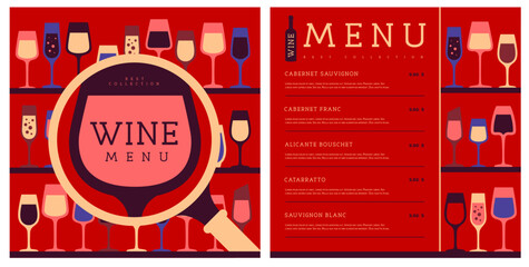 Restaurant wine menu design with various types of wine glasses. Wine background. Vector illustration.