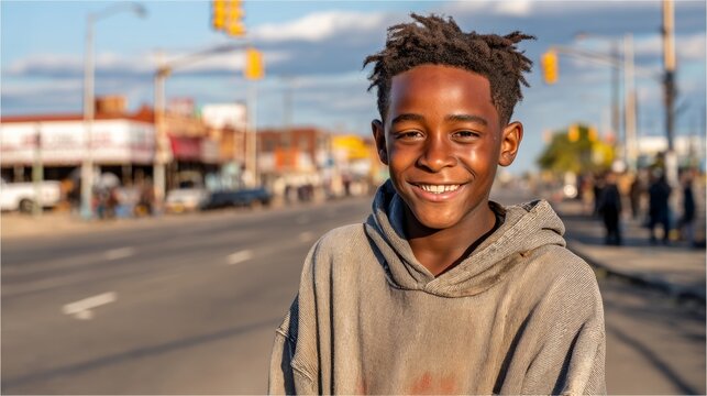 Young boy with dreadlocks is smiling at the camera. He is wearing a hoodie and standing on a street