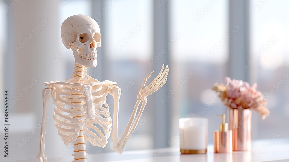 Poster skeleton is sitting on a table with a vase of flowers in the background. the skeleton is looking to 
