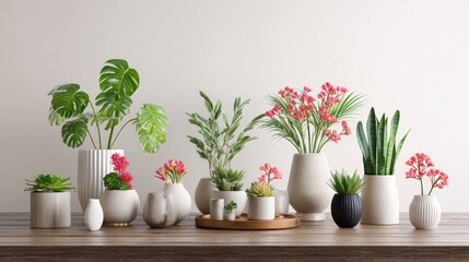 Fototapeta premium Table full of potted plants in various sizes and shapes. The plants are arranged in a way that creates a sense of harmony and balance. The table is made of wood and has a rustic feel to it
