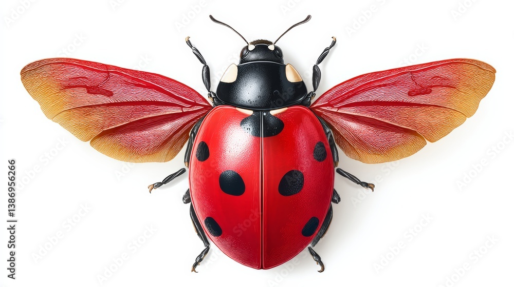 Poster ladybug with open wings flying on white background